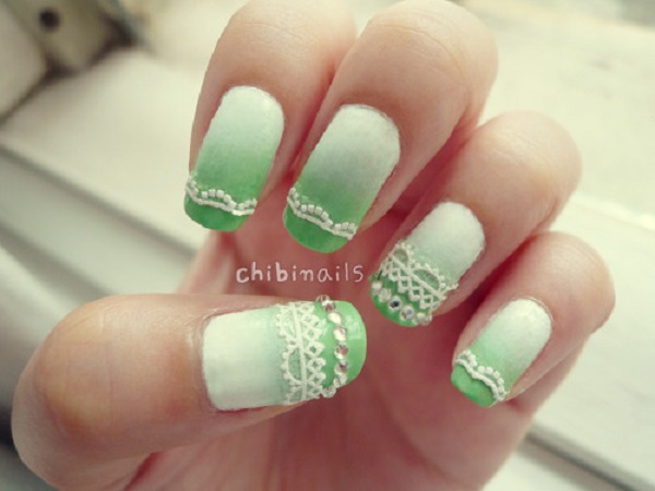 Green And White 3D Lace Design Nail Art