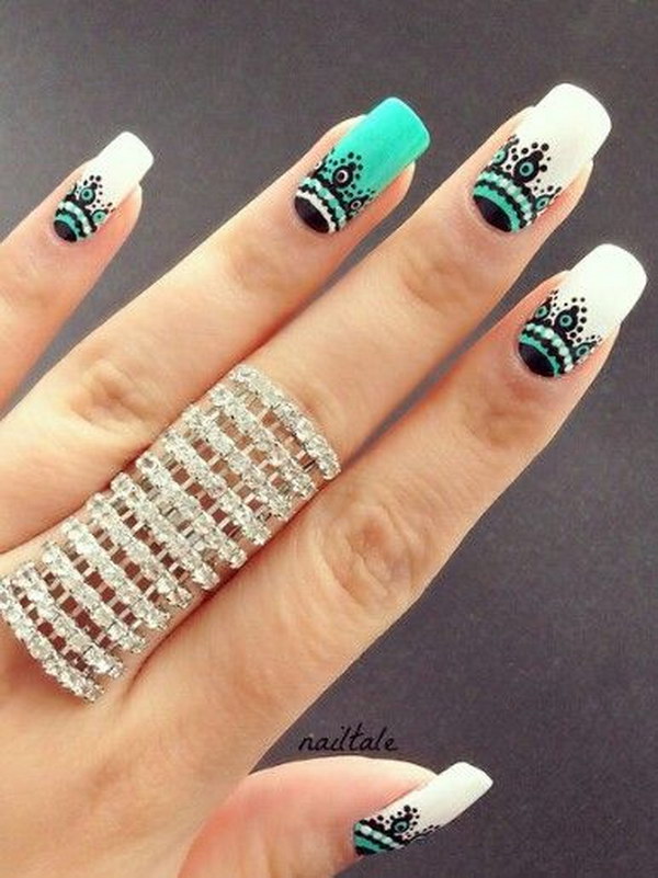 Green And White Beautiful Nail Art Design Idea