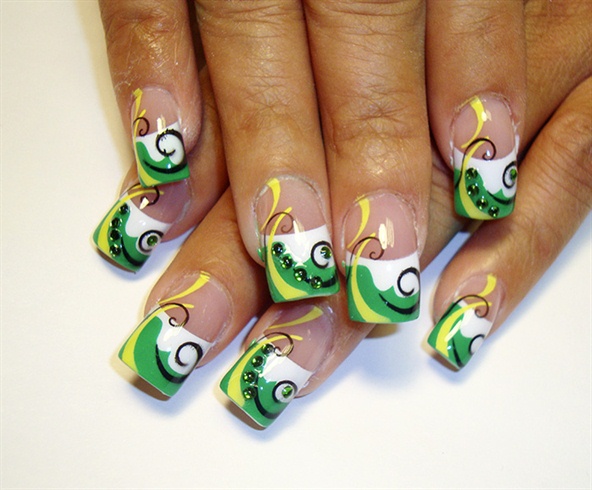 Green And White French Tip Nails With Yellow Stripes Design