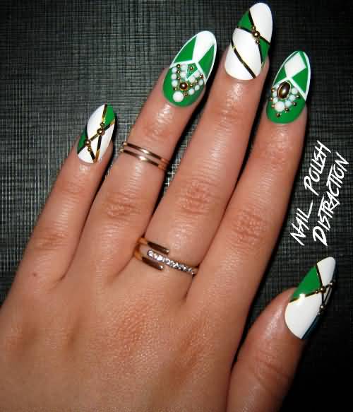 Green And White Nail Art Design With Studs