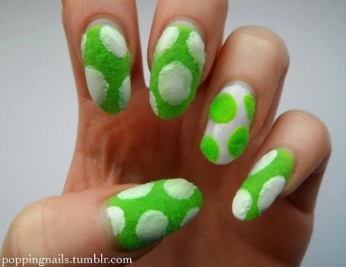 Green And White Polka Dots Velvet Nail Art Design