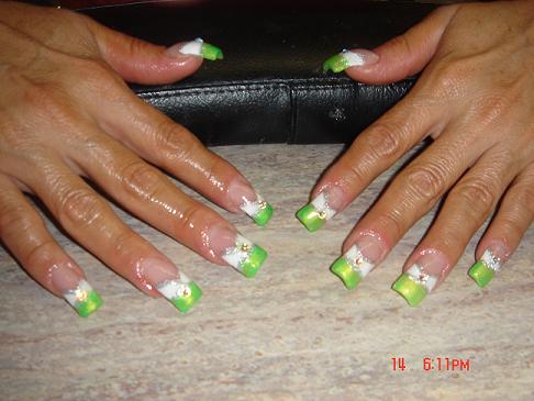 Green And White Tip Nail Art With Rhinestones Design Idea