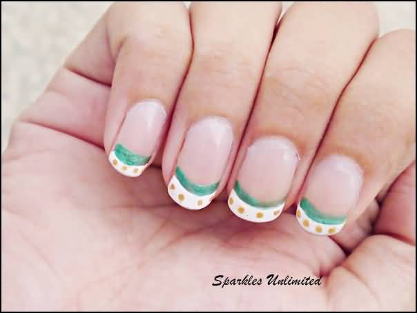 Green And White Tip Nails With Golden Dots Design Idea