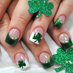Green And White Tips With Shamrock Leafs Nail Art