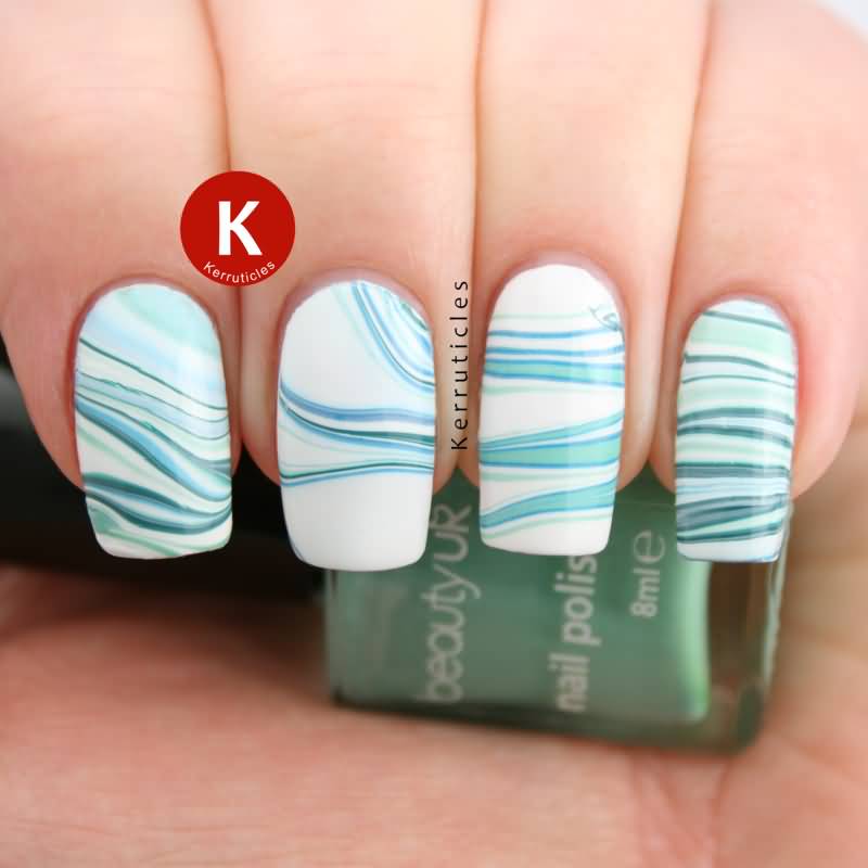 Green And White Water Marble Nail Art