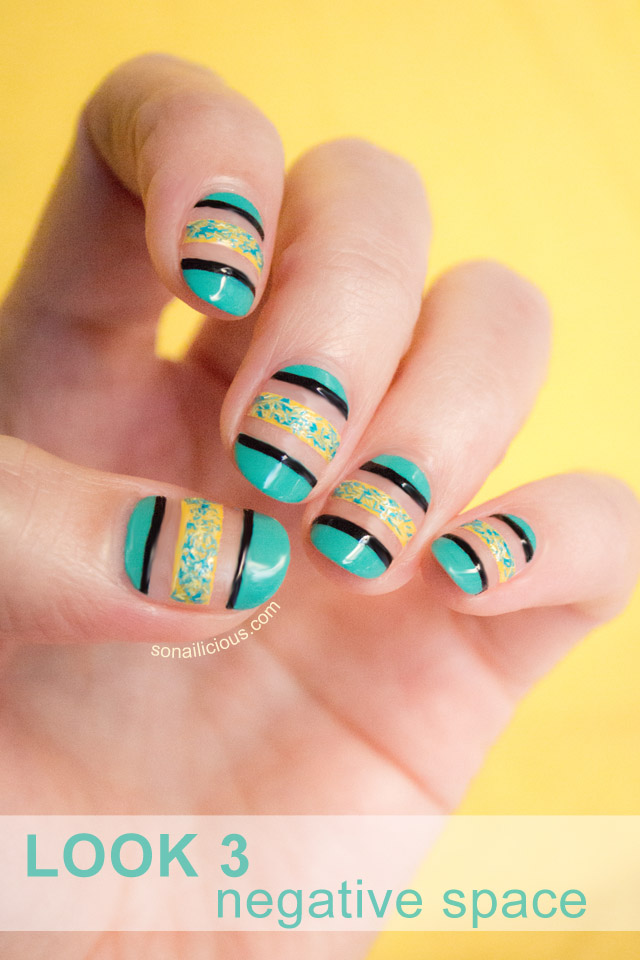 Green And Yellow Negative Space Nail Art Design Idea