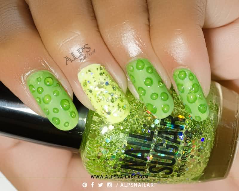 Green Base Nails With White Droplets Polka Dots Nail Art