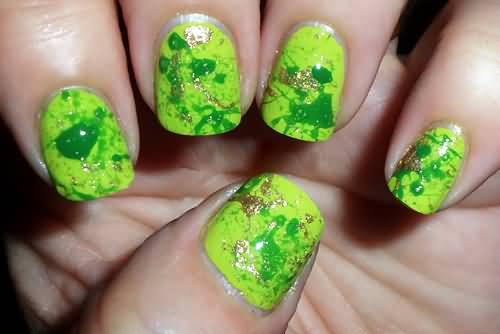 Green Color Splatter Nail Art Design Idea