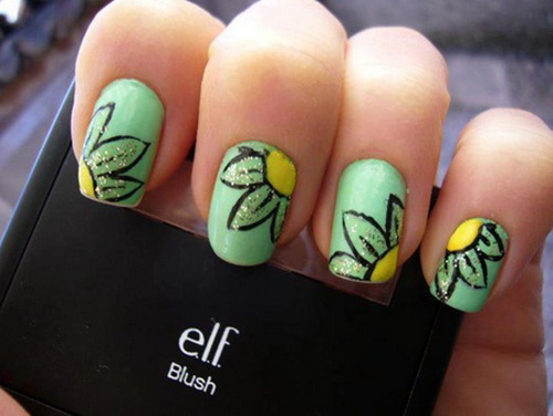 Green Flower Nail Art