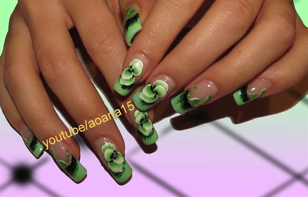 Green Flowers Nail Art Design Idea