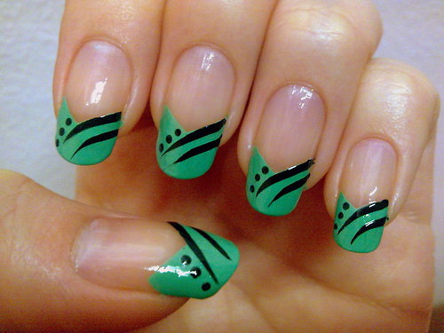 Green French Tip And Black Stripes Design Nail Art