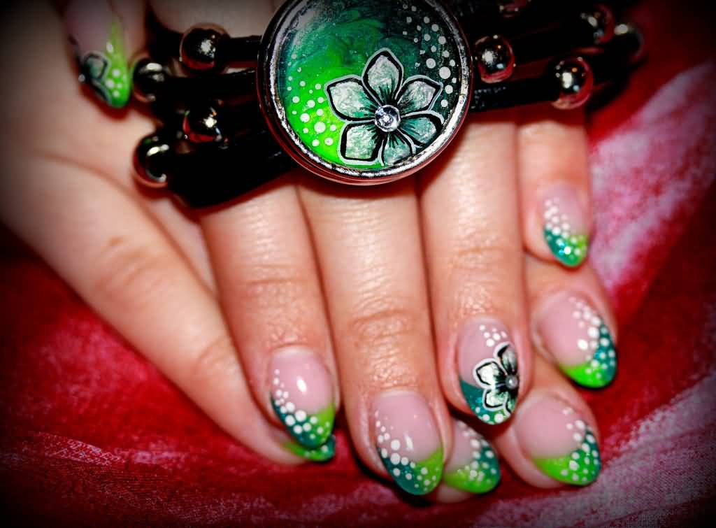 Green French Tip With Accent Flower And White Dots Design Nail Art