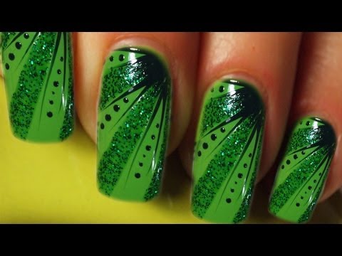Green Glitter And Black Flower Nail Art Design Idea