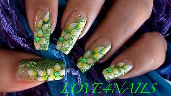 Green Glitter Flowers Nail Art With Rhinestones Design Idea