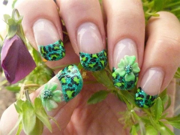 Green Glitter Gel French Tip Leopard Print And 3D Flower Nail Art