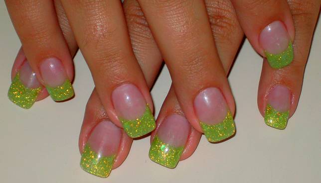 Green Glitter Gel French Tip Nail Art