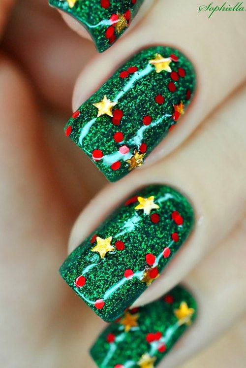 Green Glitter Gel Nails With Gold Stars And Red Dots Design Idea