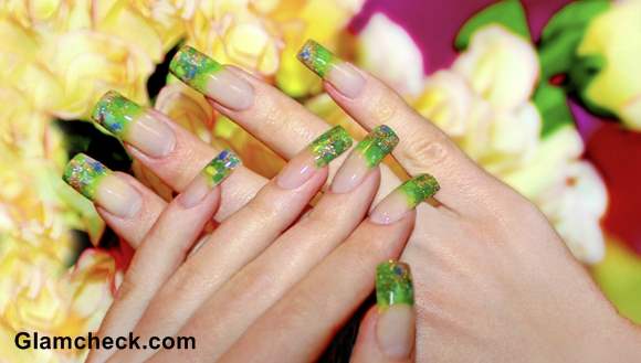 Green Glitter Gel Tip Nail Art Design Idea