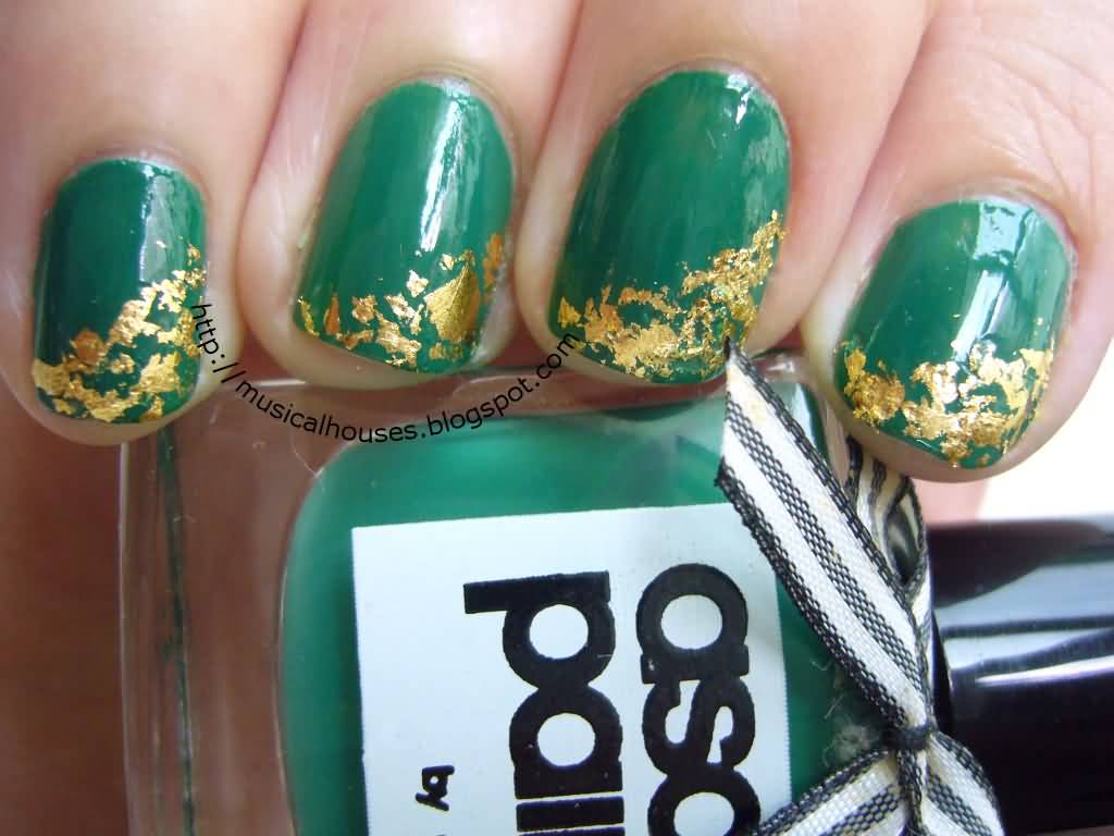 Green Glossy Nails With Glitter Design Nail Art