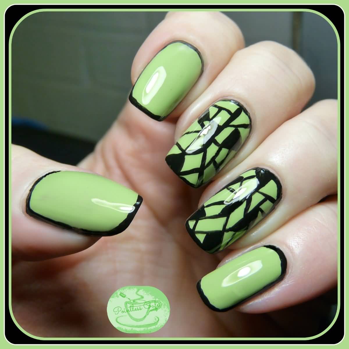 Green Glossy Pattern Design Nail Art