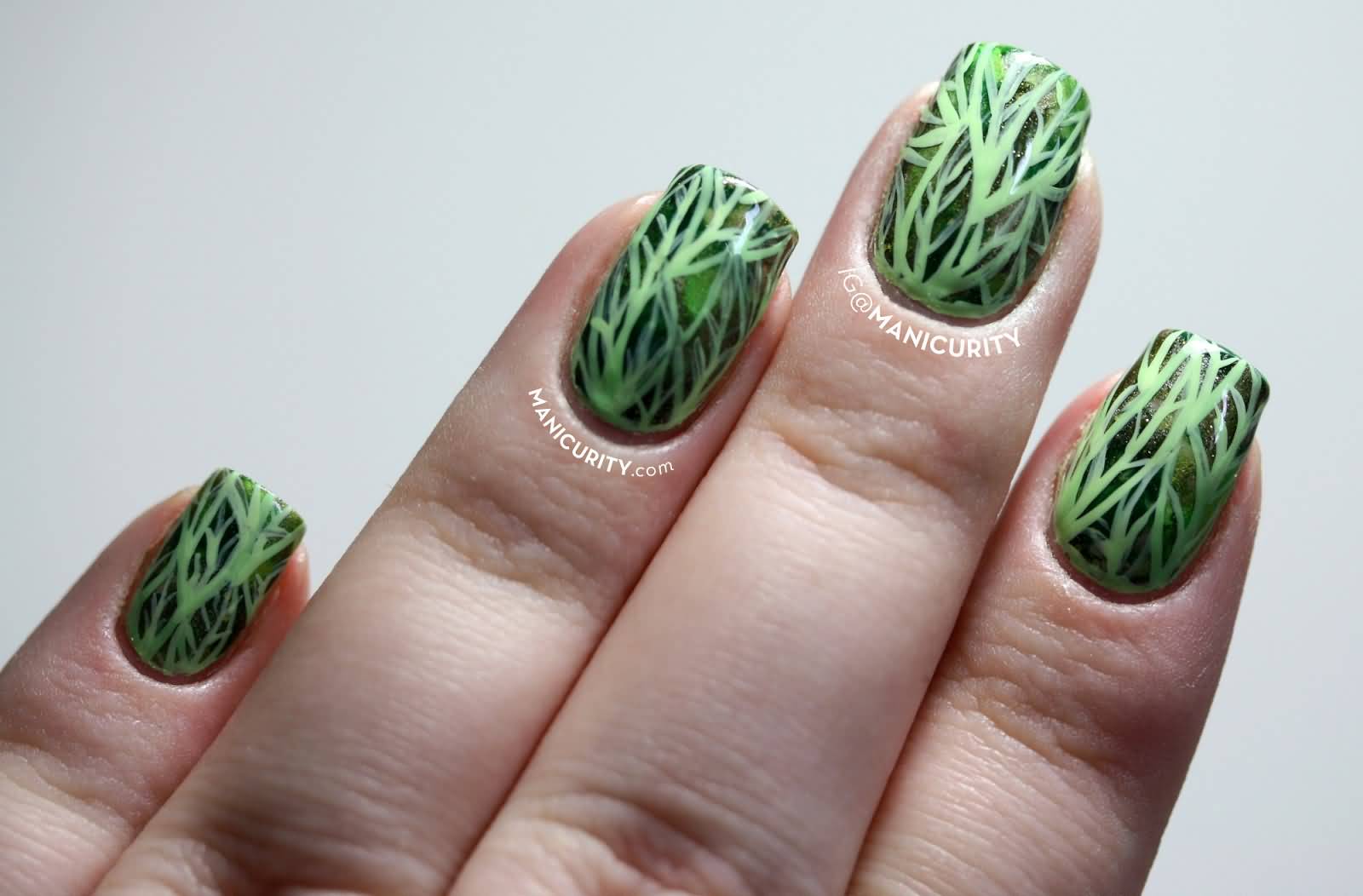 Green Leafs Design Nail Art Idea