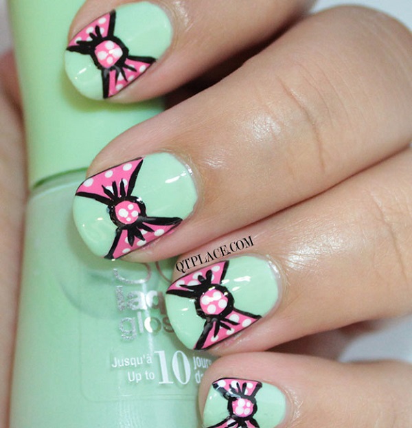 Green Nail Art With Pink Bow Design Idea