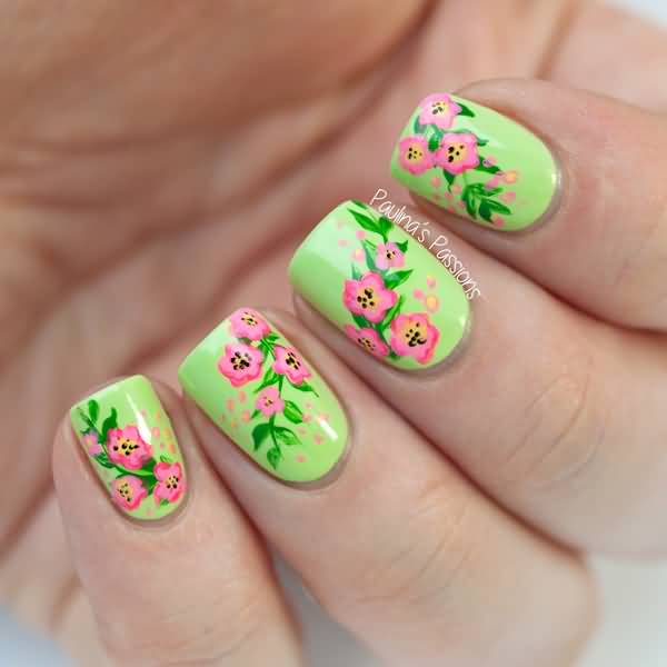 Green Nail Art With Pink Floral Nail Art