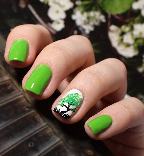 Green Nails With Accent Tree Nail Art