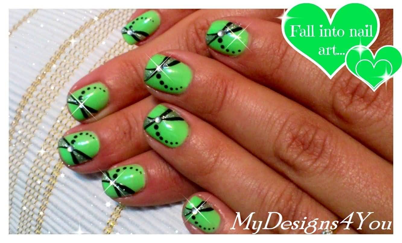 Green Nails With Black Bow Rhinestones Design