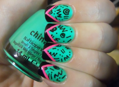 Green Nails With Black Chevron Tip And Pink Border Design