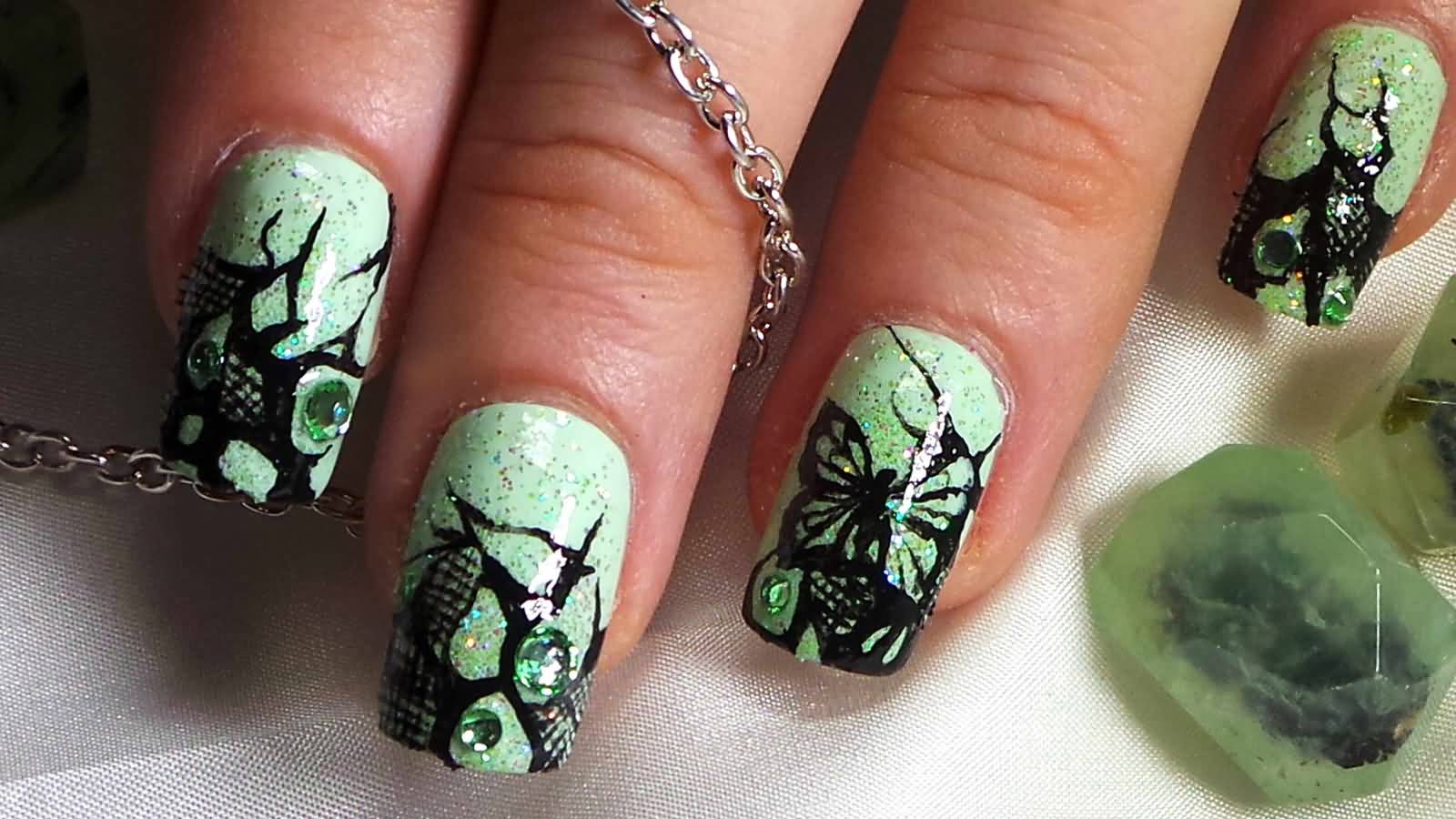 Green Nails With Black Lace Design Nail Art
