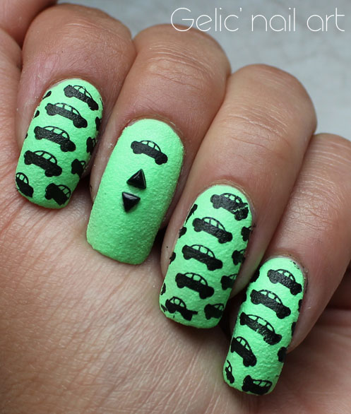 Green Nails With Black Silhouette Cars Nail Art