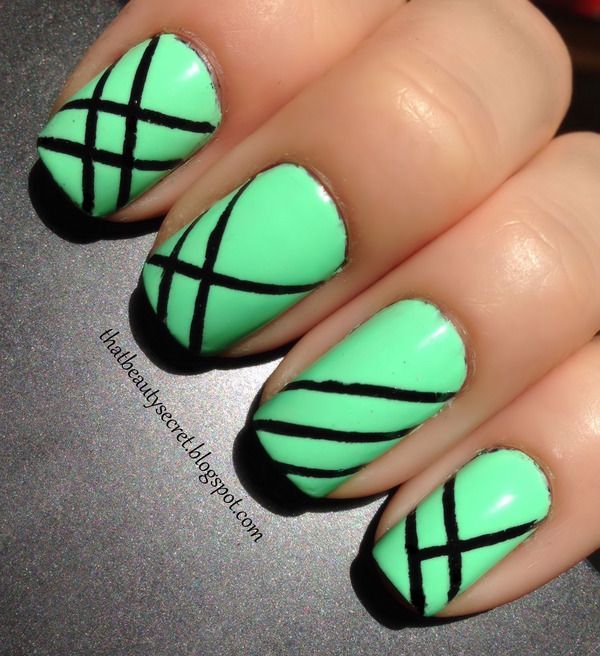 Green Nails With Black Stripes Design Nail Art