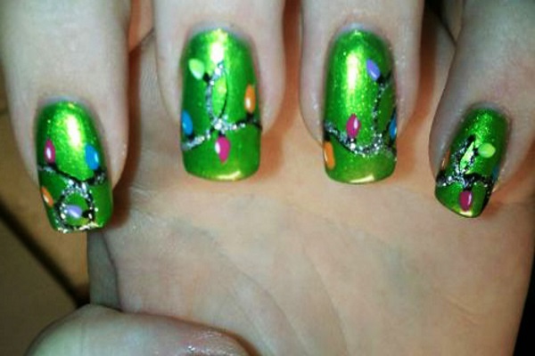 Green Nails With Christmas Lights Nail Art