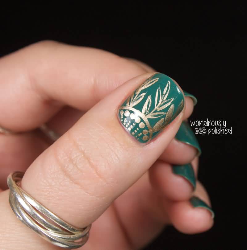Green Nails With Gold Flower Design Nail