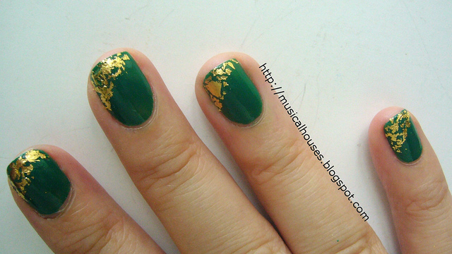 Green Nails With Gold Glitter Design Nail Art