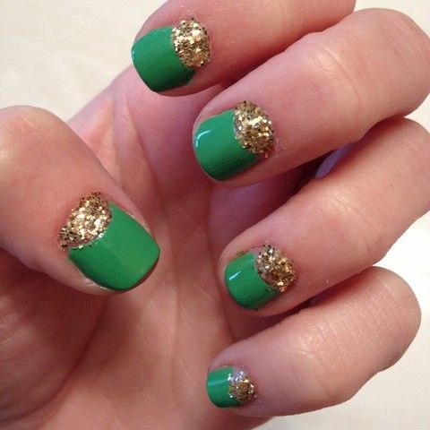 Green Nails With Gold Glitter Half Moon Nail Art