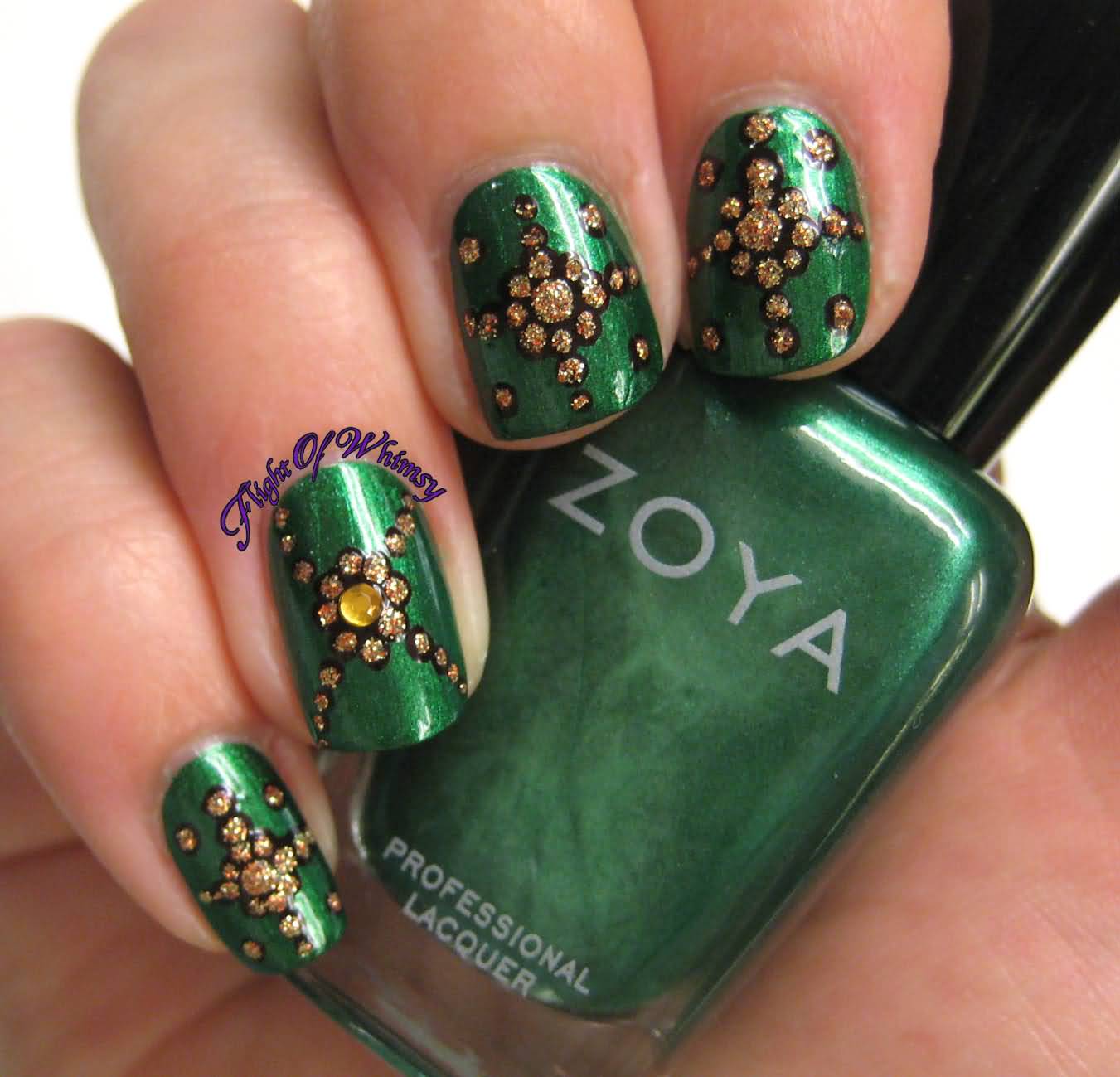 Green Nails With Gold Glitter Polka Dots Flower Design Nail Art