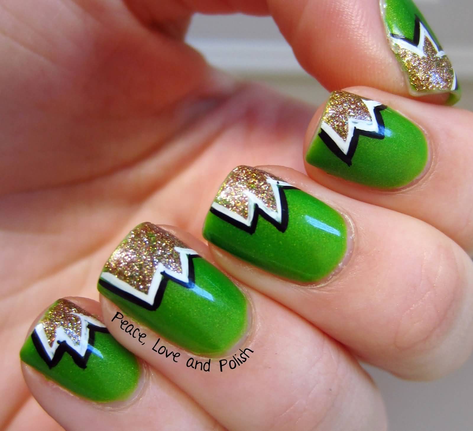 Green Nails With Gold Glitter Tip Design Nail Art
