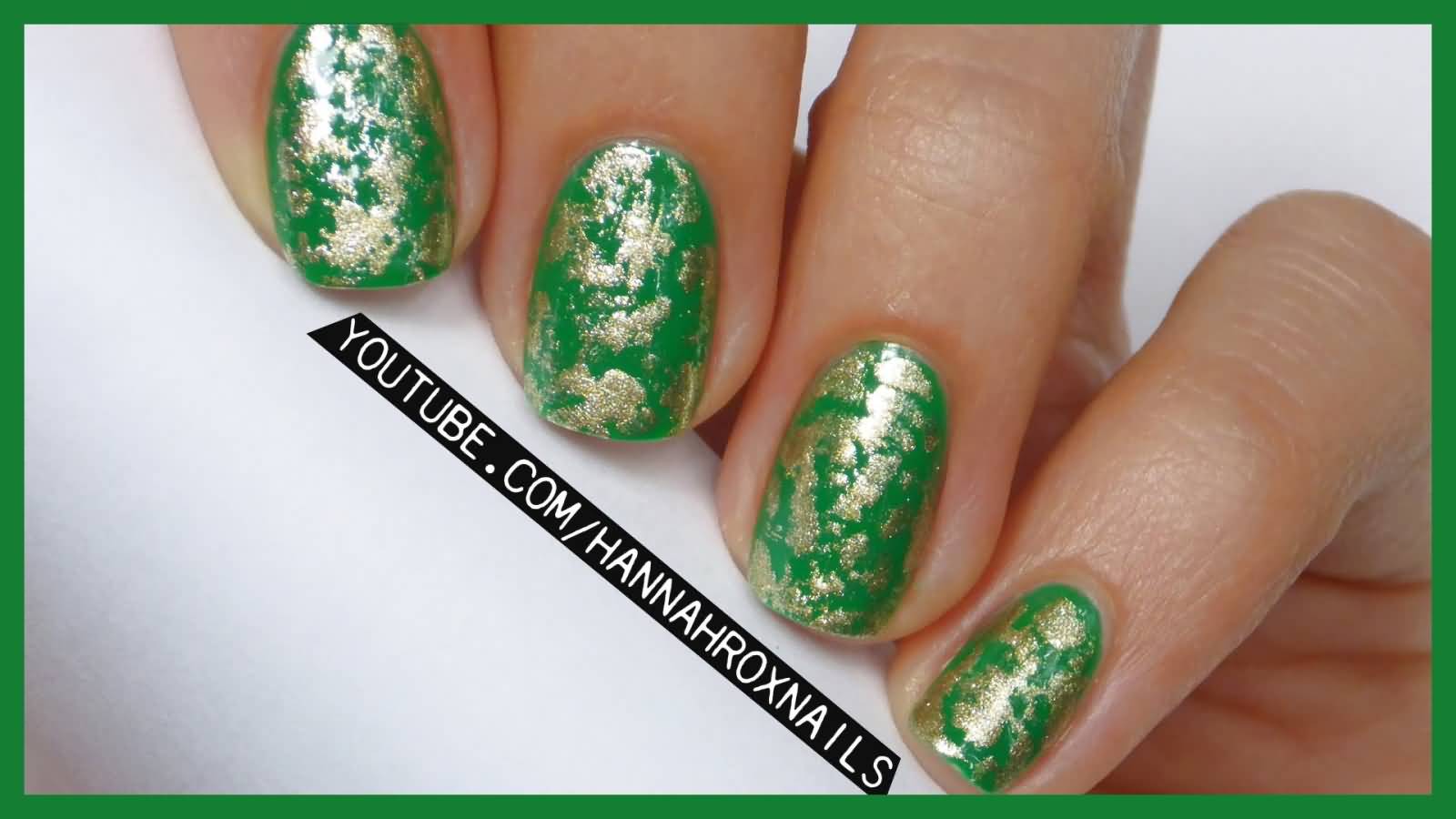 Green Nails With Gold Platted Design Nail Art