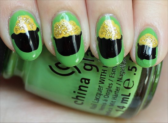 Green Nails With Gold Pot Nail Art