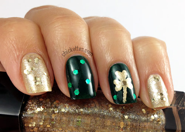 Green Nails With Gold Shamrock Leaf Design Nail Art