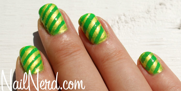 Green Nails With Gold Stripes Design Nail Art