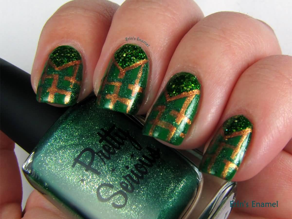 Green Nails With Gold Stripes Design Nail Art