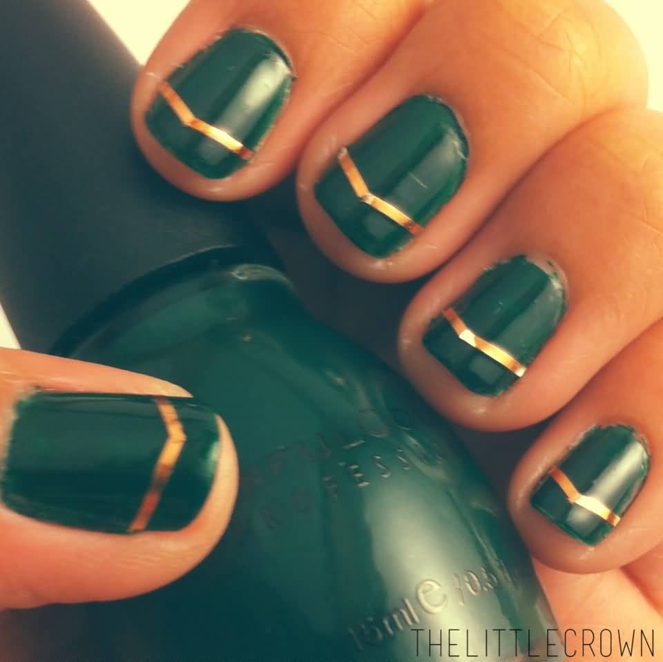 Green Nails With Gold Stripes Nail Art