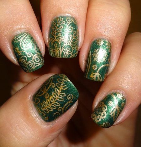 Green Nails With Golden Flowers Design Nail Art