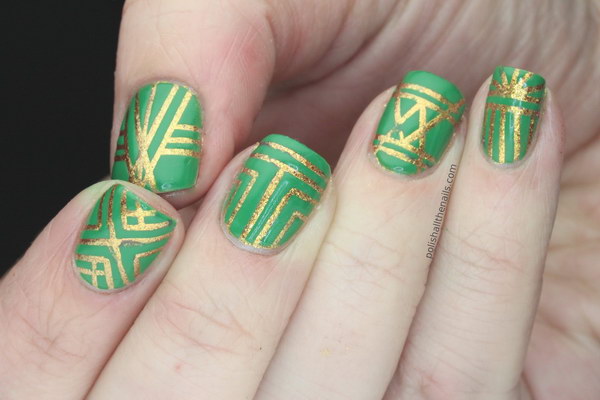 Green Nails With Golden Geometric Nail Art