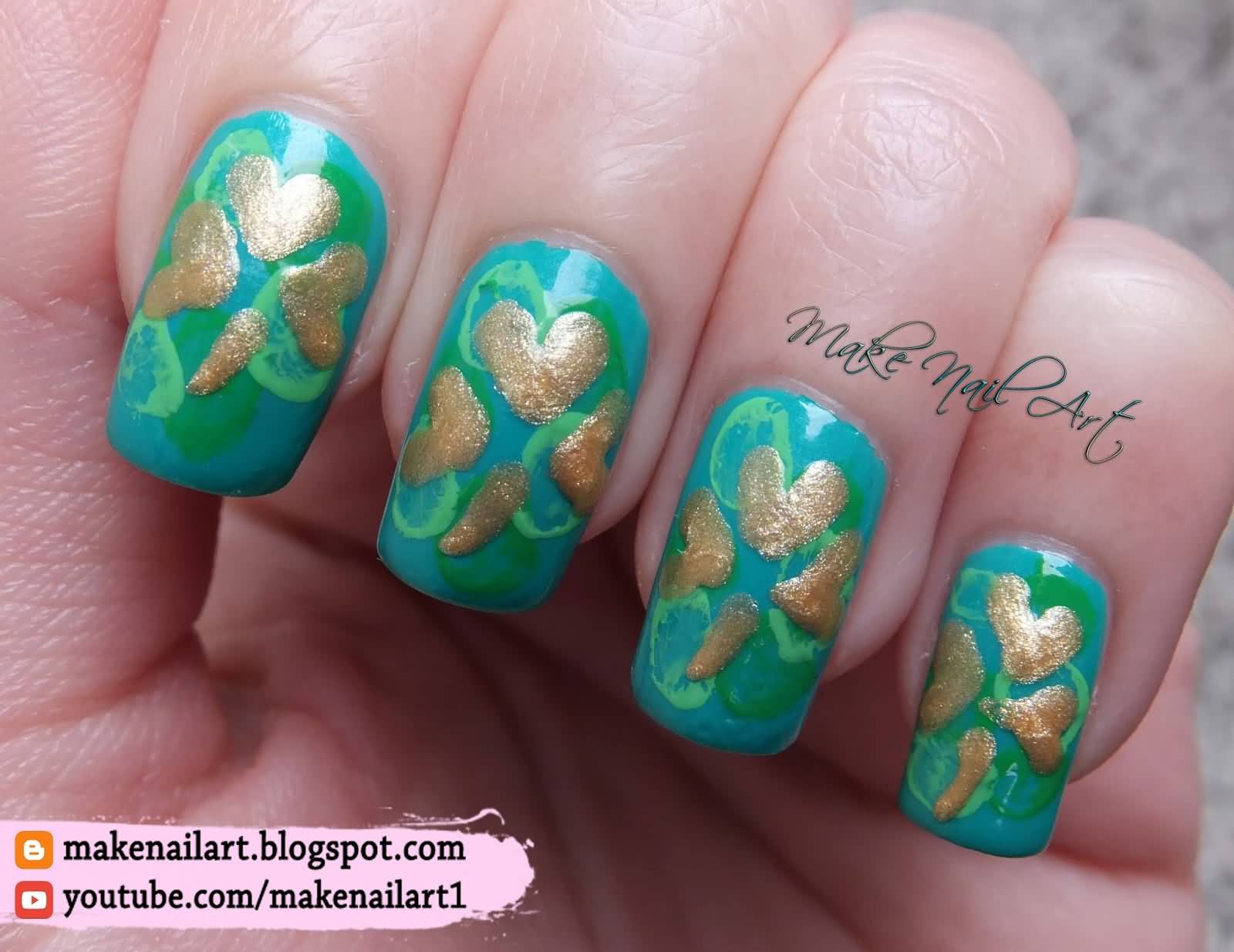 Green Nails With Golden Hearts Nail Art