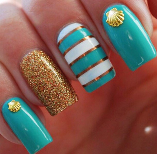 Green Nails With Golden Shells And Stripes Design Nail Art