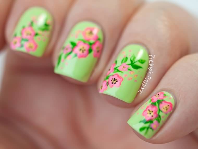 Green Nails With Pink Floral Nail Art